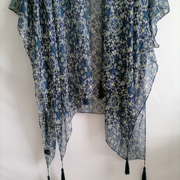 NWT Amanda Blue Womens Blue Open Front Tassel Hem Floral Cover Up One Size - Picture 3 of 8